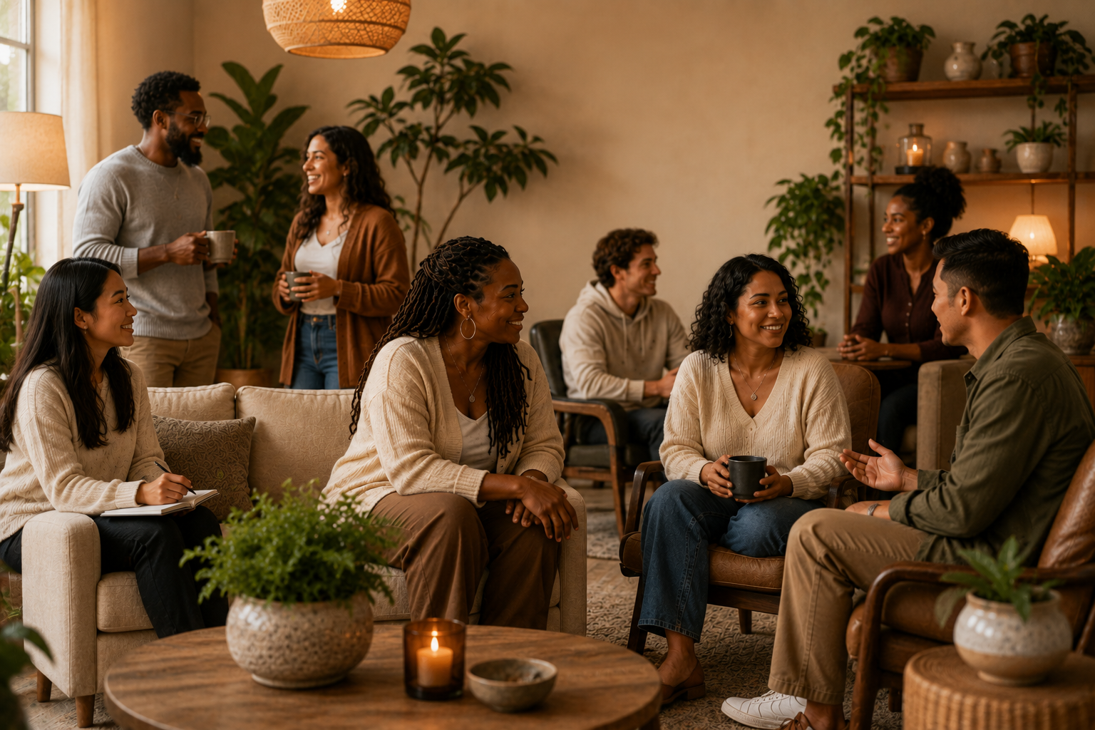 A warm gathering of people in conversation in a softly lit, plant-filled sanctuary