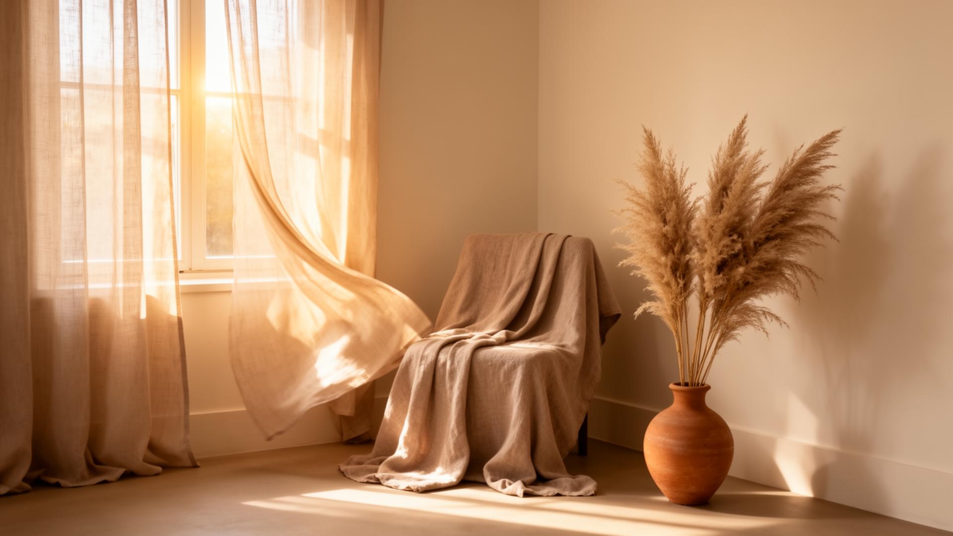 A linen-draped chair beside a sunlit window